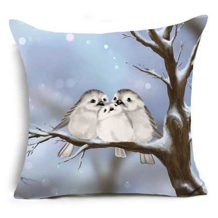 Bird Family on Snowy Tree Cushion Cover