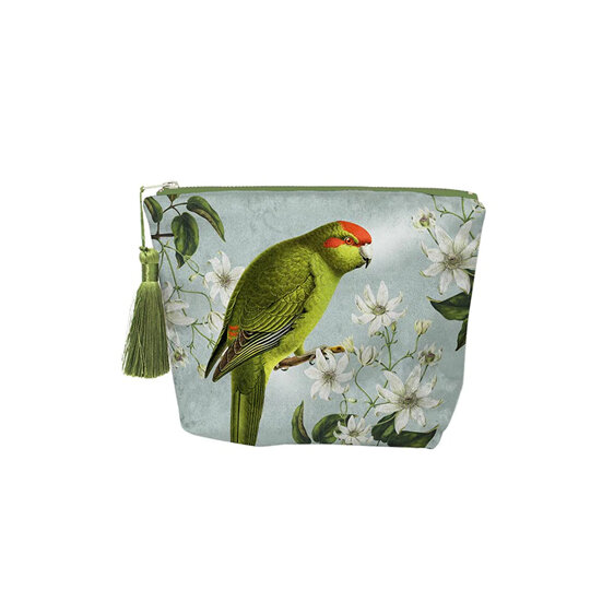 birds and botanicals kakariki velvet tasseled cosmetics bag