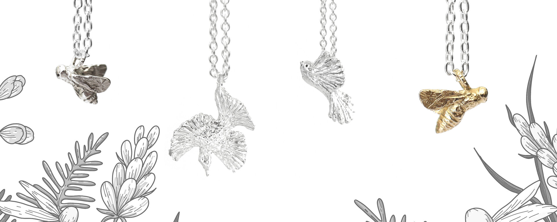 birds bees collection sterling silver solid gold tui fantail kingfisher native