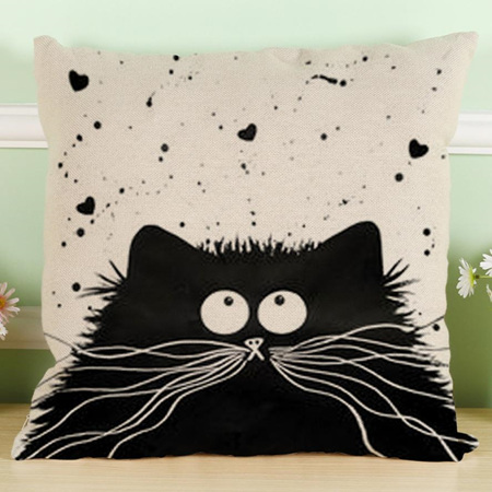 Black Fluffy Cartoon Cat with Hearts Cushion Cover