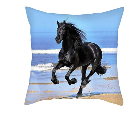 Black Horse on the Beach Cushion Cover