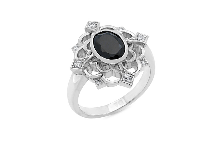 Black oval spinel and diamond cluster vintage ring in 14ct white gold