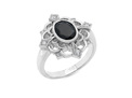 Black oval spinel and diamond cluster vintage ring in 14ct white gold