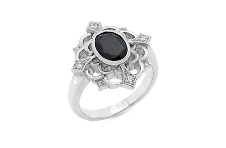 Black Spinel and Diamond Cluster Ring