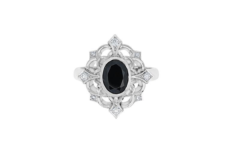 black spinel and diamond cluster ring in white gold