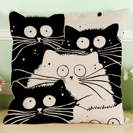 Black & White Cartoon Cat Family Cushion Cover