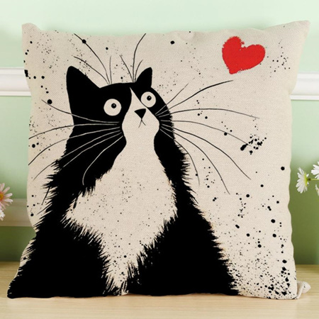 Black & White Cat with Heart Cushion Cover