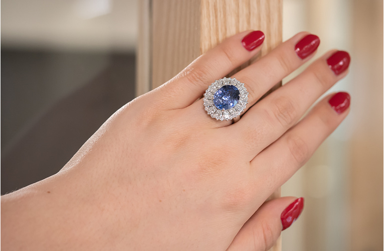 Blue Dahlia: Blue Sapphire and Diamond Halo Cluster Dress Ring