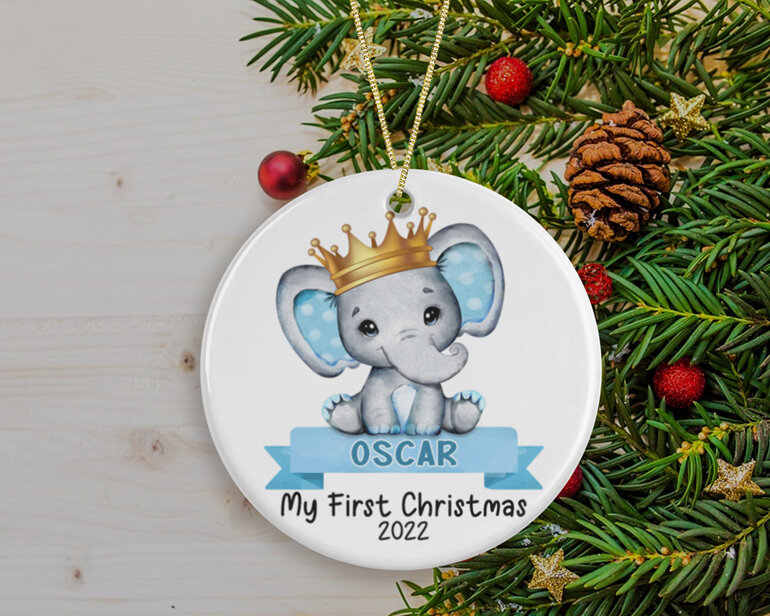 Blue elephant My first Christmas personalised ornament