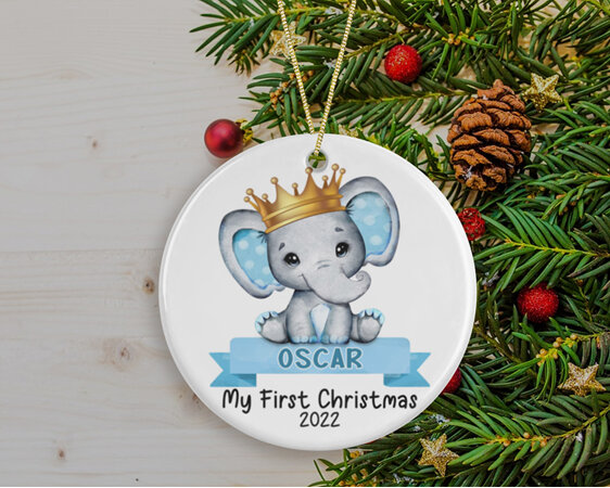 Blue elephant My first Christmas personalised ornament
