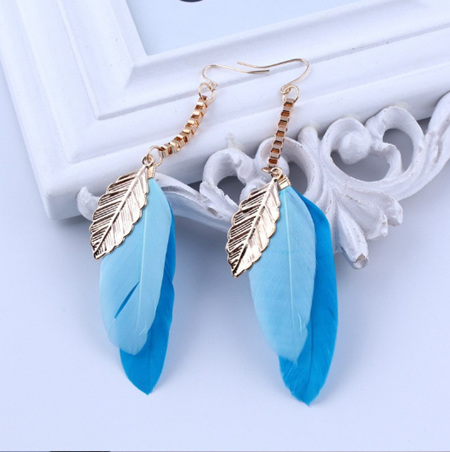 Blue Feather Drop Earrings