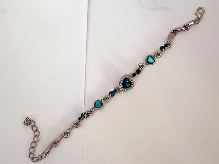 Blue Heart With Clear Diamantie  Stones Silver Bracelet