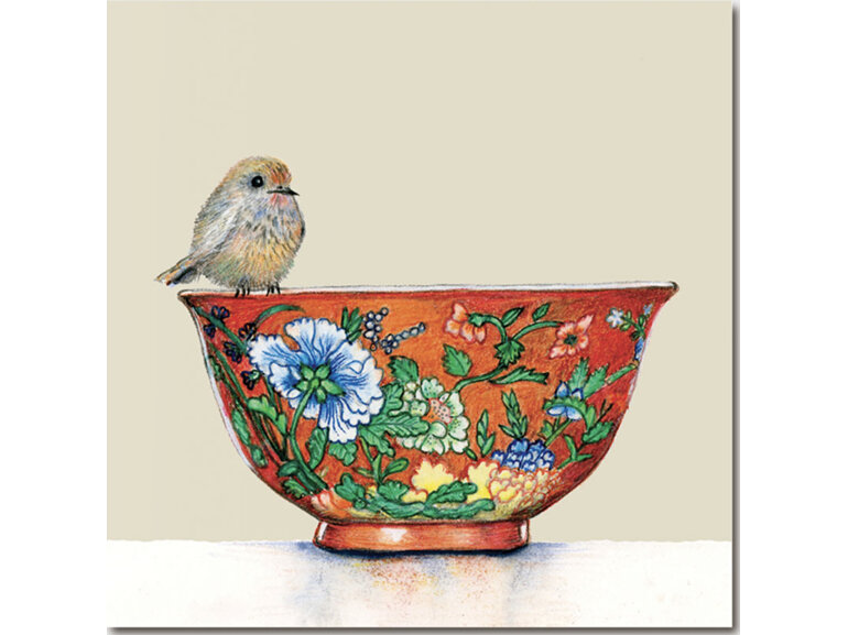 Blue Island Press - Coral Blossom Bowl With A Tiny Bird - Card Michaela Laurie