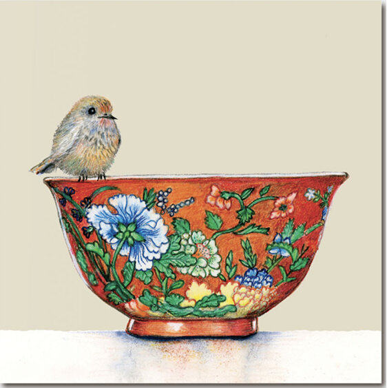 Blue Island Press - Coral Blossom Bowl With A Tiny Bird - Card Michaela Laurie