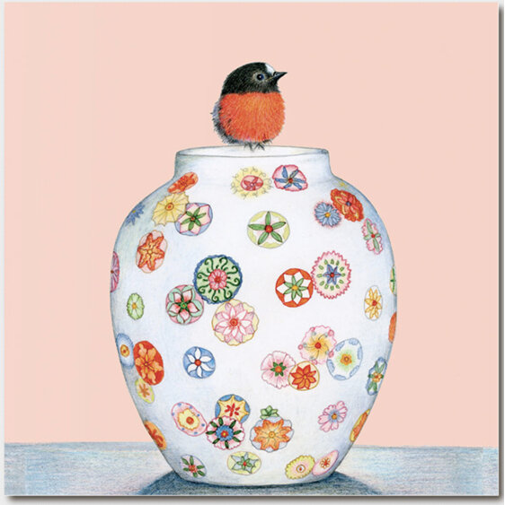 Blue Island Press - Flame Robin On Flower Ball Card bird vase