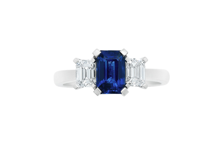 blue octagonal cut emerald cut diamond three stone engagement gemstone ring