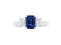 blue octagonal cut emerald cut diamond three stone engagement gemstone ring