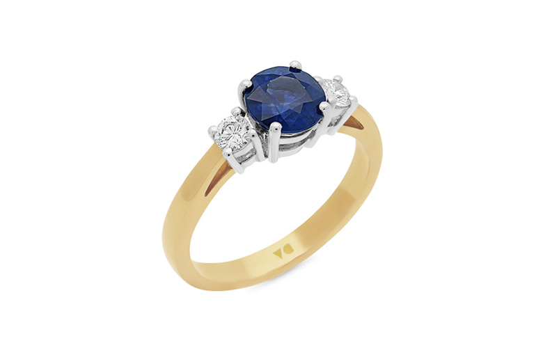 Blue sapphire and diamond three stone, engagement ring, dress ring,