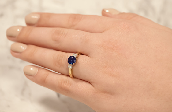 Blue sapphire and diamond three stone, engagement ring, dress ring,
