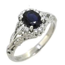 Blue Sapphire and Diamond Vintage Style Engagement Ring