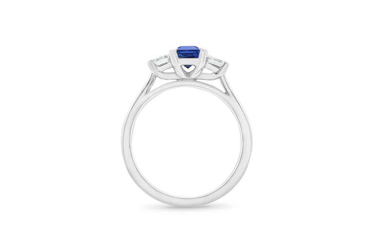 Blue sapphire emerald cut diamond ring three stone dress engagement ring