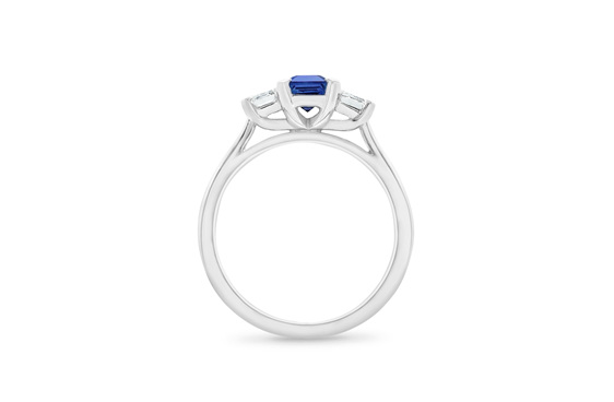 Blue sapphire emerald cut diamond ring three stone dress engagement ring