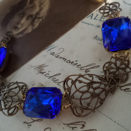 Blue vintage rhinestone Swarovski crystal filigree bracelet