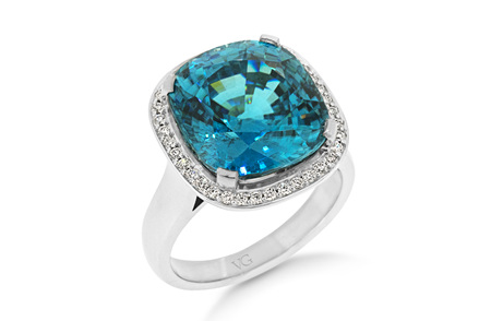 Blue Zircon and Diamond Halo Ring