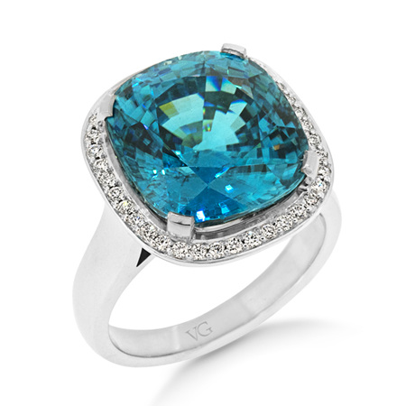 Blue Zircon and Diamond Halo Ring