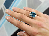 Blue Zircon diamond dress ring, white gold, cushion cut, halo ring.
