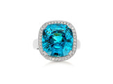 Blue Zircon diamond dress ring, white gold, cushion cut, halo ring.