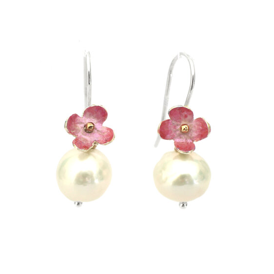 Blush putiputi flowers pearls earrings handmade lilygriffin nz jewellery