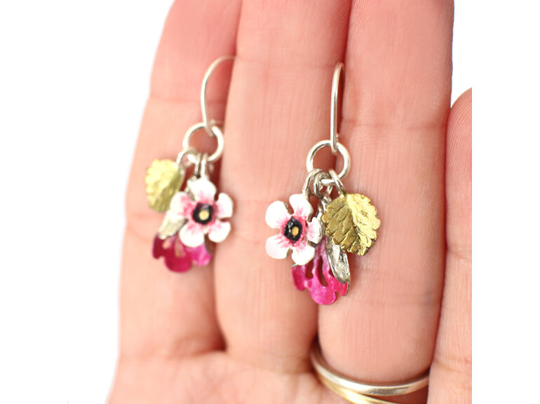 boho earrings manuka puriri beech leaves gold pink  lily griffin jewellery nz