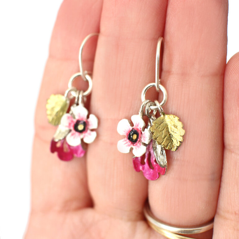 boho earrings manuka puriri beech leaves gold pink  lily griffin jewellery nz