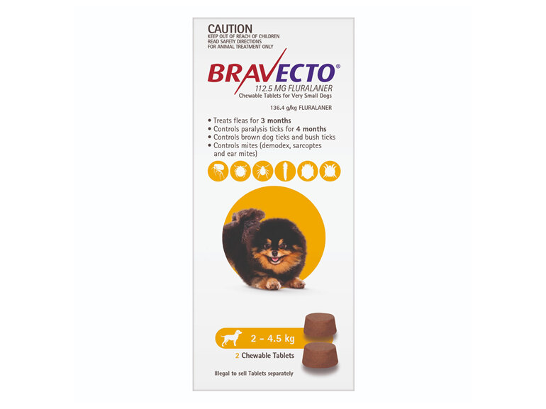 Bravecto Chew for Very Small Dogs 2 - 4.5kg - Yellow - 6 month pack