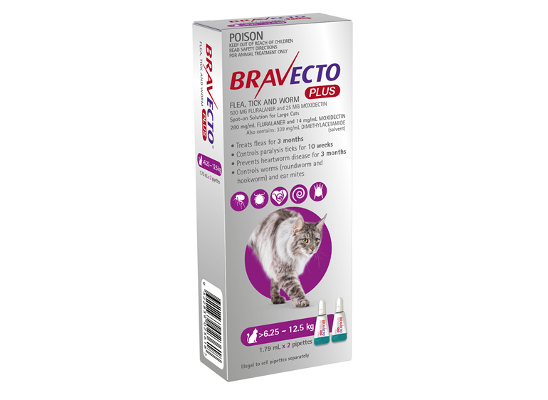 Bravecto Plus Cat for Large Cats 6.25 - 12.5 kg - Purple - 4 month pack