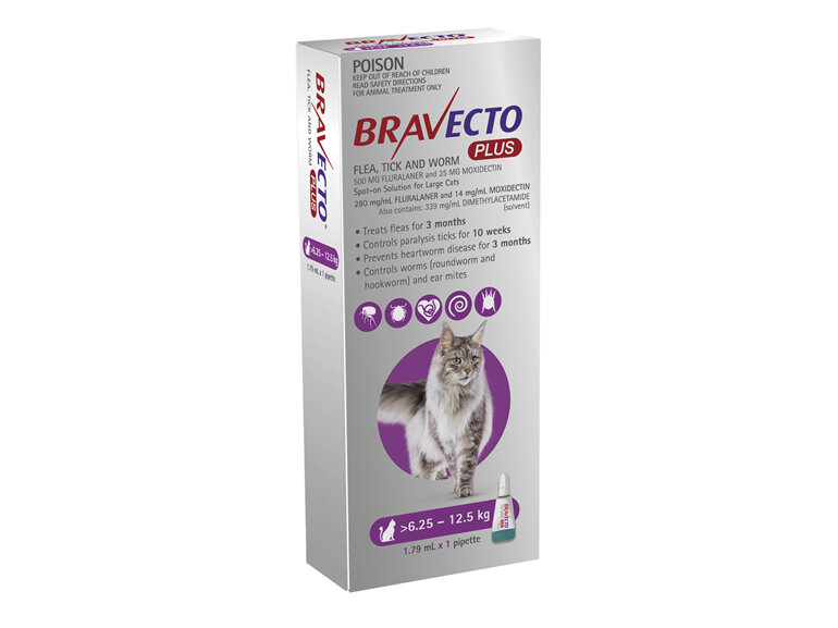 Bravecto Plus Cat for Large Cats 6.25 - 12.5 kg - Purple - 2 month pack