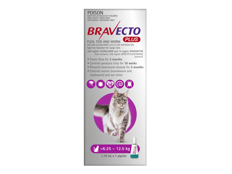 Bravecto Plus Cat for Large Cats 6.25 - 12.5 kg - Purple - 2 month pack