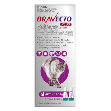 Bravecto Plus Cat for Large Cats 6.25 - 12.5 kg - Purple - 4 month pack