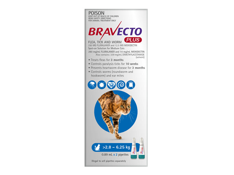 Bravecto Plus Cat for Medium Cats 2.8 - 6.25 kg - Blue - 4 month pack