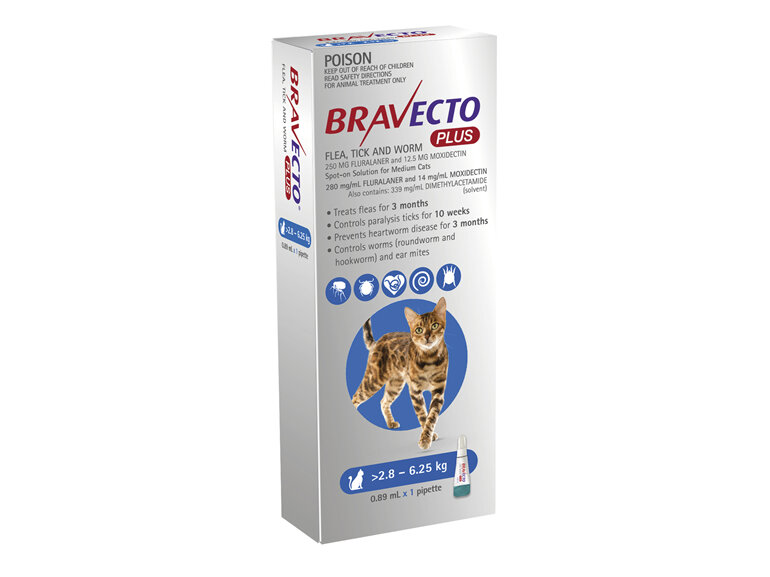 Bravecto Plus Cat for Medium Cats 2.8 - 6.25 kg - Blue - 2 month pack