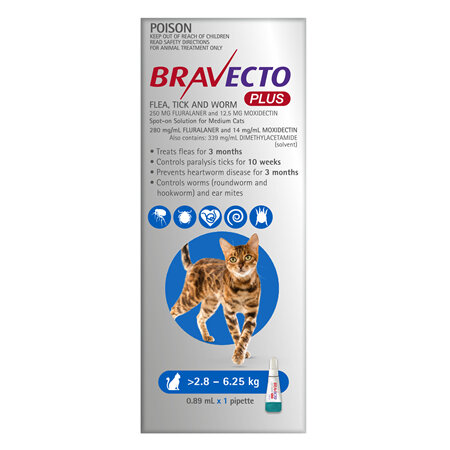 Bravecto Plus Cat for Medium Cats 2.8 - 6.25 kg - Blue - 2 month pack