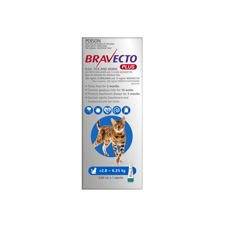 Bravecto Plus Cat for Medium Cats 2.8 - 6.25 kg - Blue - 2 month pack