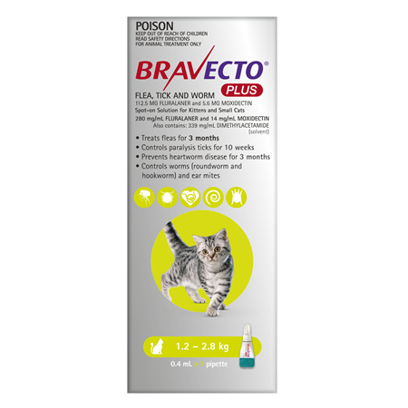 Bravecto Plus Cat for Small Cats 1.2 - 2.8 kg - Green - 2 month pack