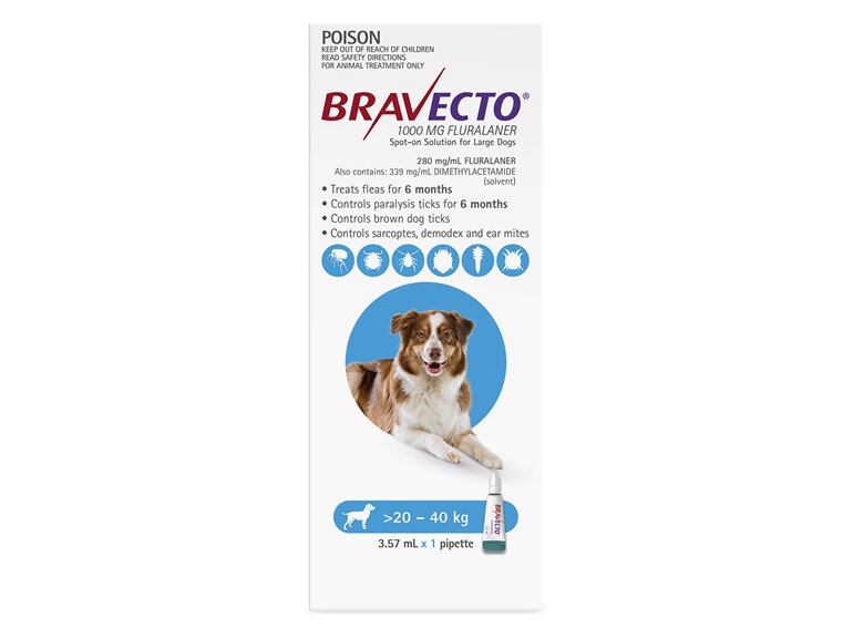 Bravecto Spot-on for Large Dogs 20 - 40kg - Blue - 6 month pack