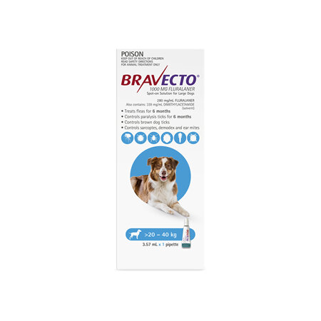 Bravecto Spot-on for Large Dogs 20 - 40kg - Blue - 6 month pack