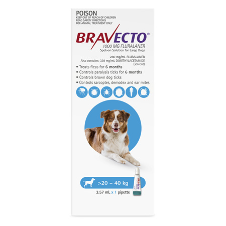Bravecto Spot-on for Large Dogs 20 - 40kg - Blue - 6 month pack
