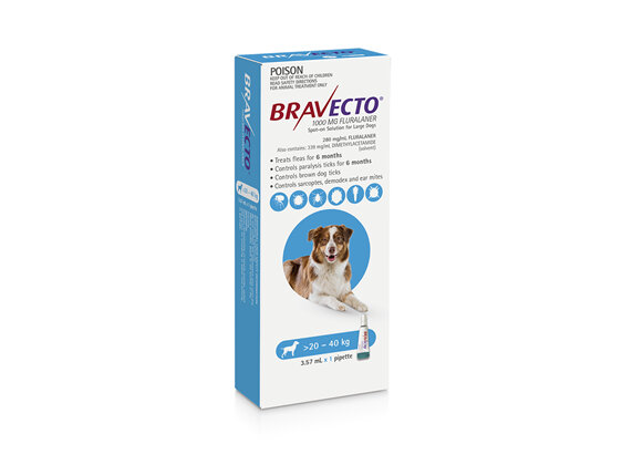 Bravecto Spot-on for Large Dogs 20 - 40kg - Blue - 6 month pack