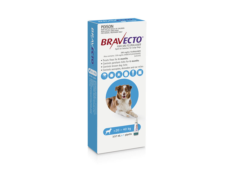 Bravecto Spot-on for Large Dogs 20 - 40kg - Blue - 6 month pack