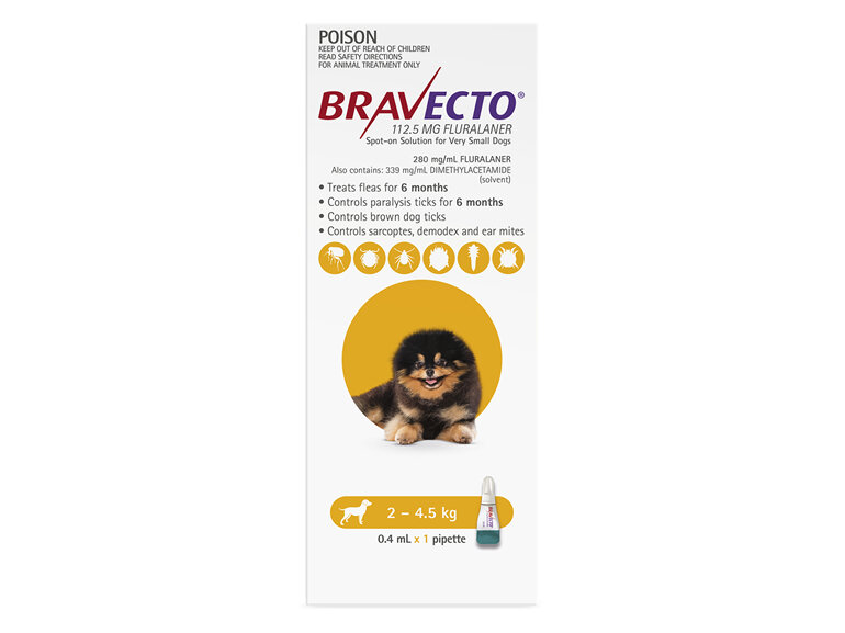 Bravecto Spot-on for Very Small Dogs 2 - 4.5kg - Yellow - 6 month pack